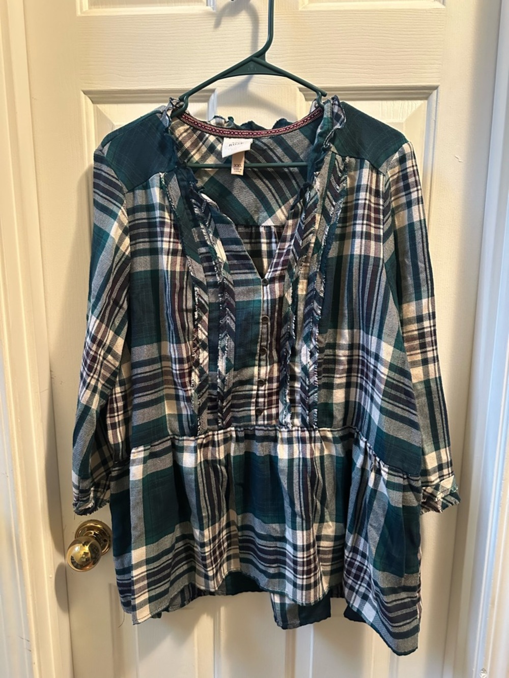 Knox Rose Teal Navy Plaid Peasant Top